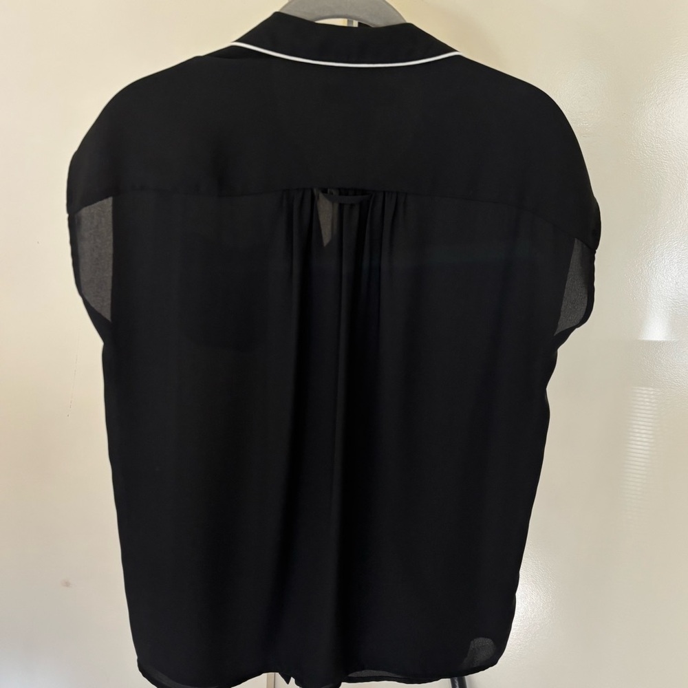 LOFT Black Button Down Blouse with Cap Sleeves and White Piping, SP - Picture 2 of 5